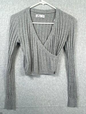 Hollister Womens Baby Sweater XS Gray Crop Ribbed Wrap Deep V Neck