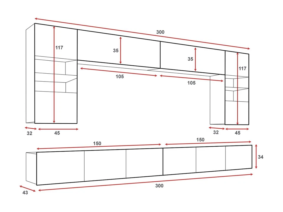 Moderne Wohnwand CALABRINI-1 Wohnzimmer-Set Hängewohnwand Hochglanz 10-Farben - Bild 2 von 4