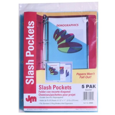 JM Slash Pockets Binder Folders, 3-Hole Punched, Poly, Assorted Colors, 5/PK