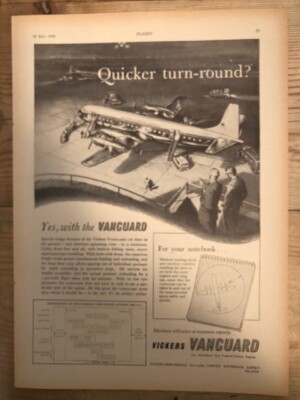 1958 Flugzeugwerbung VICKERS VANGUARD SCHNELLER DREHBARE KABINENTÜREN BREIT
