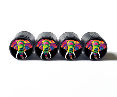 Colorful Elephant (Style 1) Tire Valve Caps - Black Aluminum - Set of Four