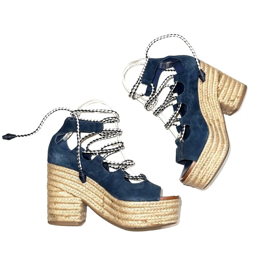 Sandalia de plataforma alpargata con cordones de gamuza Tory Burch Positano en azul marino brillante 6,5 Foto 2 de 4