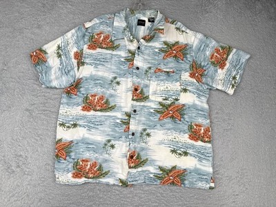Arrow Men Large Blue White Red Floral Palm Button Up Hawaiian Pocket 100% Rayon
