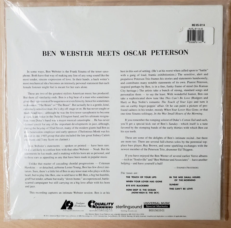  Ben Webster Meets Oscar Peterson Analogue Productions 2XLP 45RPM Sealed AAA Foto 2 de 2