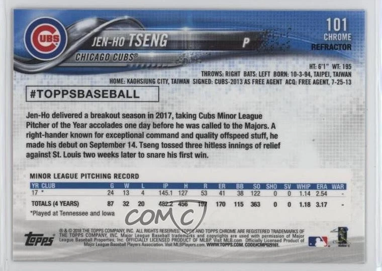 2018 Topps Chrome Refractor Jen-Ho Tseng #101 Rookie RC - Image 2 of 3