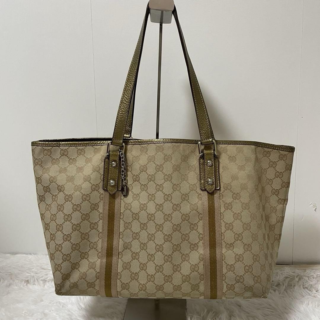GUCCI GG Canvas Tote Bag Beige Gold Brown