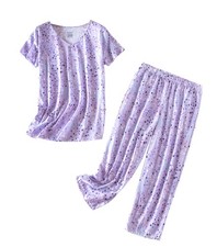Womens Cotton Pajama Sets Short Sleeve Top With Capri Pants 2 piece sets for ...