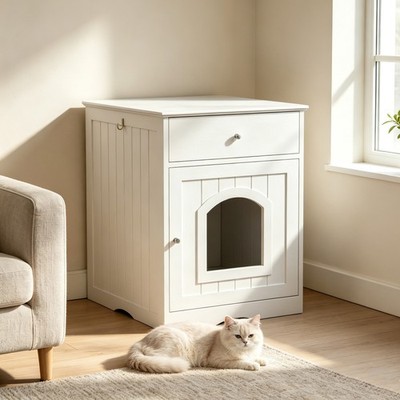 Wood Cat Litter Box Enclosure, Side Table, Nightstand, Drawer