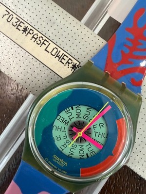 1990 Swatch Passion Flower GN703 Gent Day of Week Floral NOS Box Papers Running