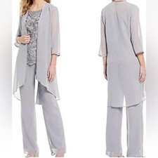 NWT Lan Ting Bride Elegant Lace Jeweled Chiffon Gray Three-Piece Pantsuit Sz 22W