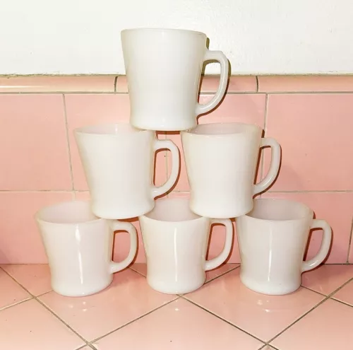 6 Vintage Fire King White Glass Coffee Mugs Anchor Hocking Oven Proof USA