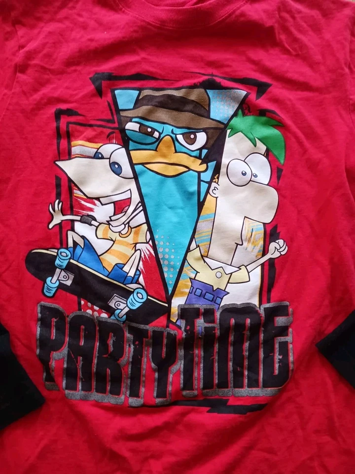 Camiseta Phineas and Ferb Disney Niños Manga Larga Gráfica Roja Negra 10/12 Foto 3 de 4