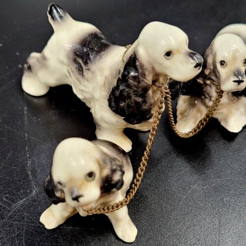 Vintage Springer Spaniel Dog Trio Figurine Chained Bone China Black White Japan - Picture 19 of 19
