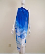 Bijoux Terner Blue Polyester Chiffon Seashells Stripe Sarong Wrap Swim Cover-up