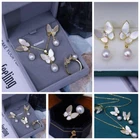 8-9mm White Pearl Beads &Shell Butterfly Pendant Necklace/ Ring /Earrings /Set