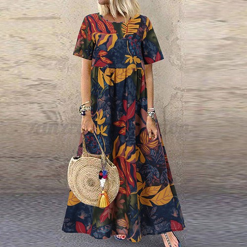 Women Fashion Plus Size Short Sleeve Kaftan Summer Vintage Long Maxi Shirt Dress - Picture 6 of 11