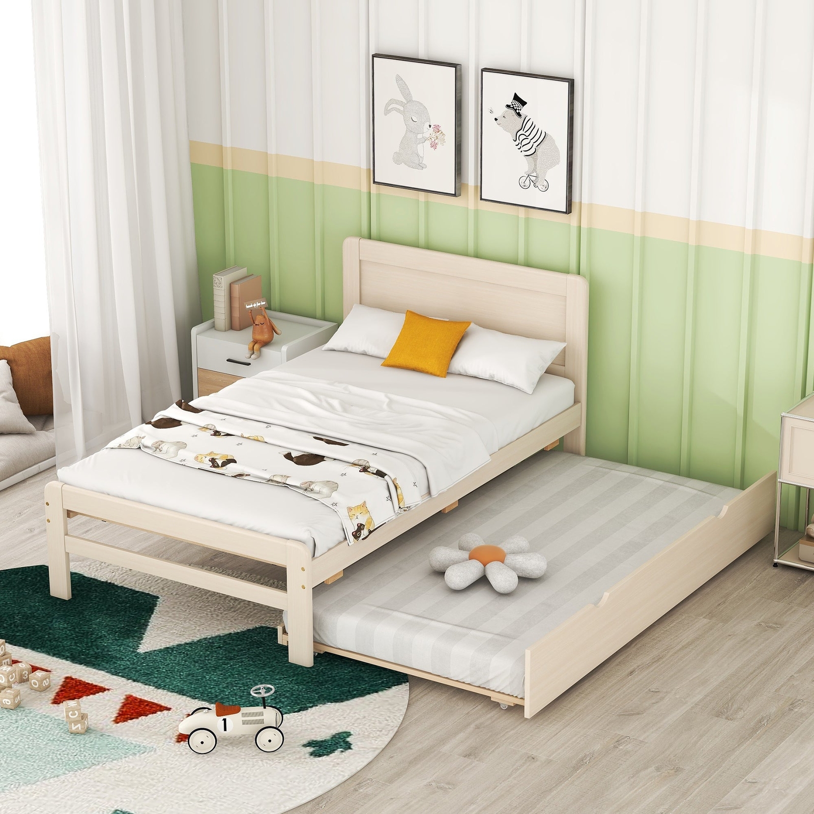White Wash Twin Platform Bed with Storage Trundle  