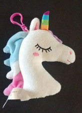 White Sleepy Unicorn Plush Backpack Clip Rainbow Horn Mane Stuffed Animal