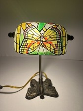 Desk Lamp Banker Tiffany Style Butterfly Stained Glass Metal Base Electric