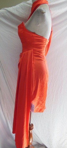 NEW ASOS Hot Red Orange LUXE SATIN Extreme Drape ONE SLEEVE Cocktail DRESS US 0 - Picture 6 of 12