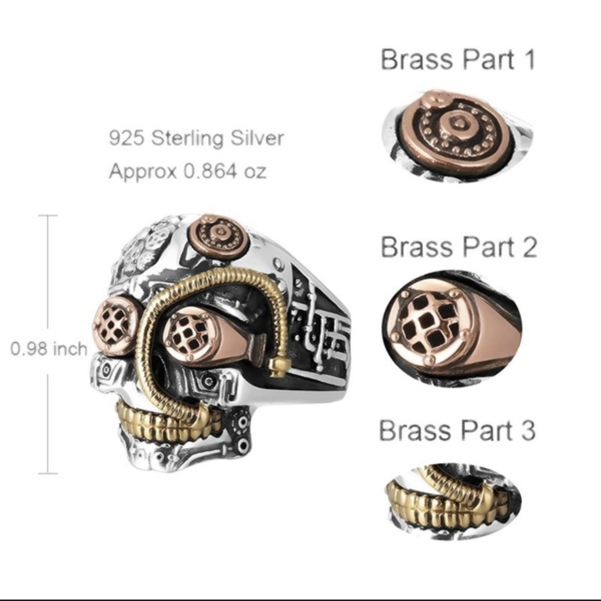 ORNAMENTO FREGIO TESCHIO SKULL SILVER PEWTER PER PARAFANGO MOTO CUSTOM E HARLEY DAVIDSON - Foto 8