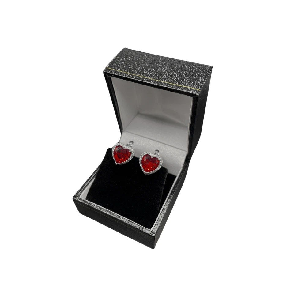 WHITE GOLD FINISH Red Ruby Created Diamond Heart Cut Droplet Earrings - Image 4 of 4
