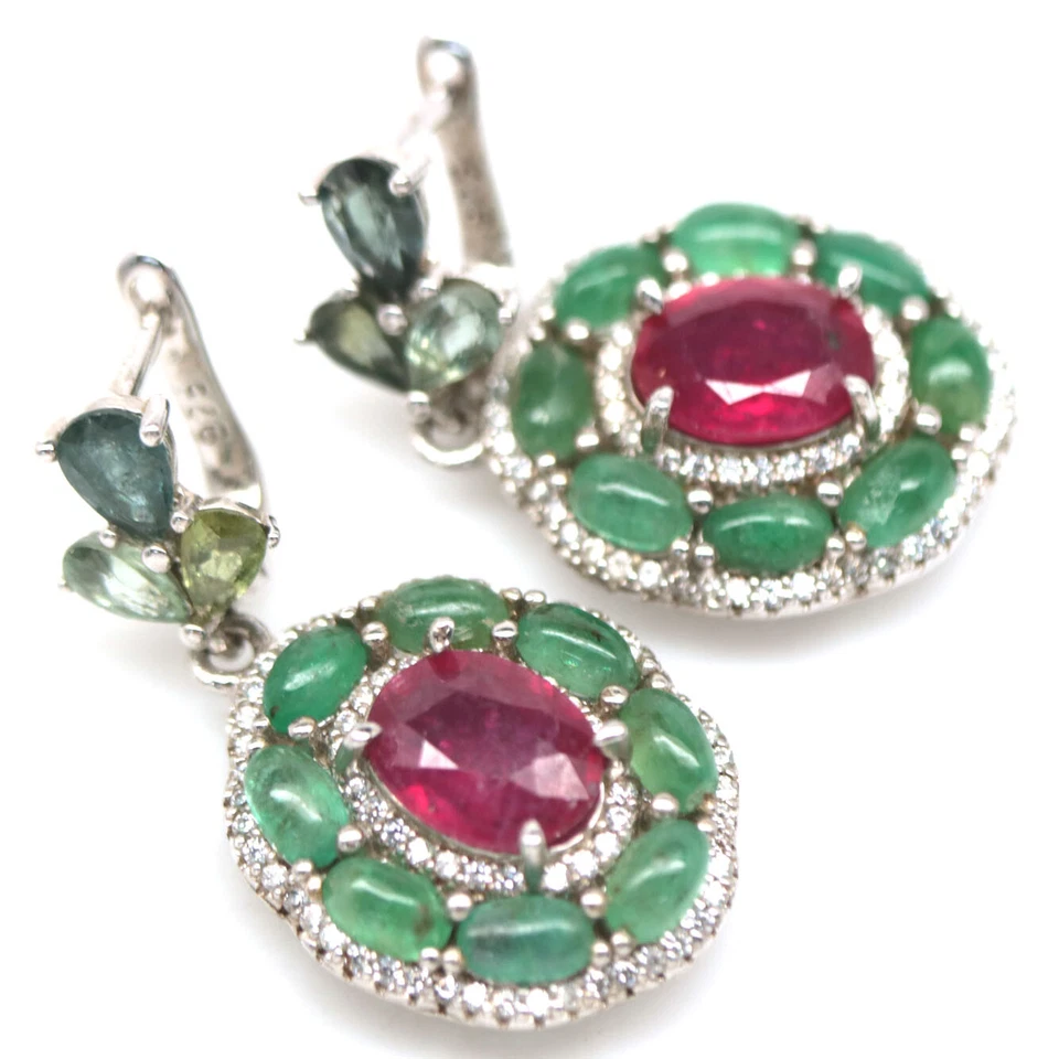 925 Sterlingsilber 7 x 9 mm Rote Rubin-, Smaragd-, Saphir- Und Zirkonohrringe - Bild 2 von 4