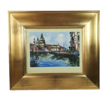 Venice Canal Gondolier Signed Watercolor Painting Gold Frame Vintage 1964