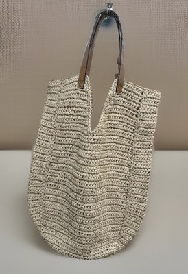 Banana Republic Ivory Woven Crochet Tote Bag Brown Handles Women's