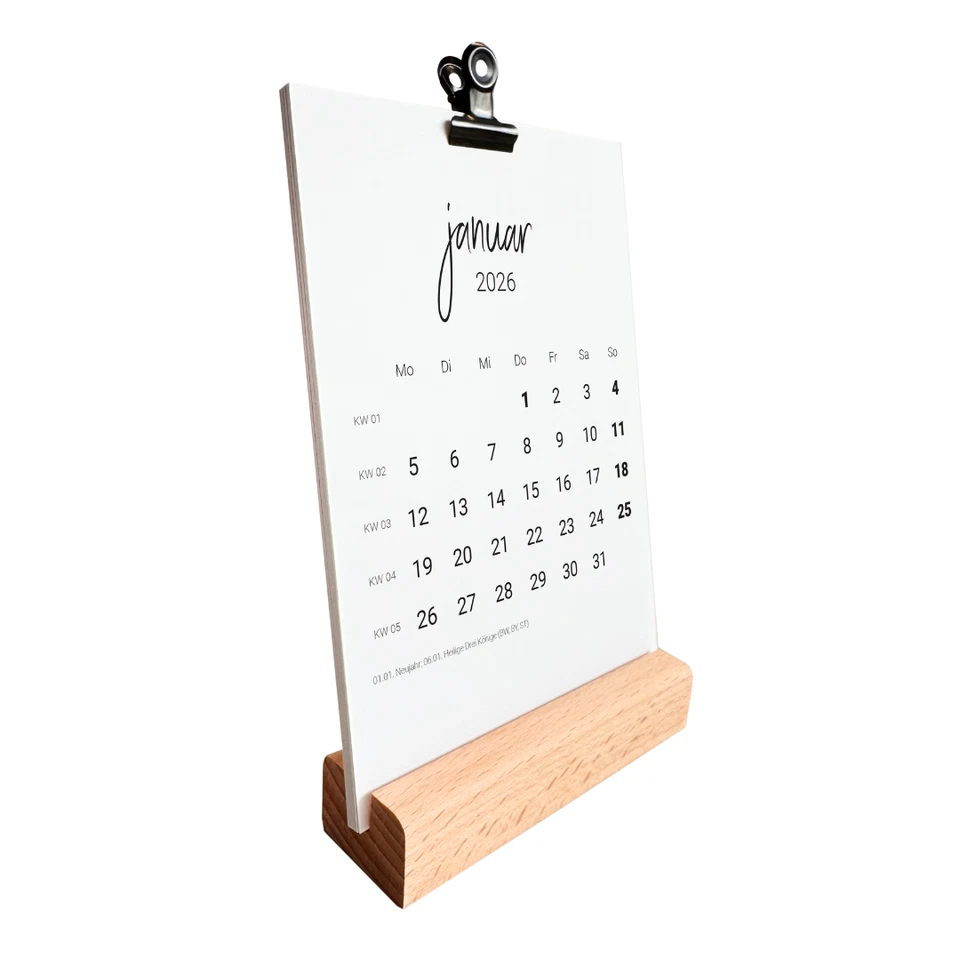 Tischkalender 2026 mit/ohne Holzsockel mit Kalendarium Feiertage DIN A6 - Bild 2 von 4