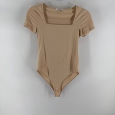 MANGOPOP Square Neck Short Sleeve Bodysuit Tan Basic Essential Size S