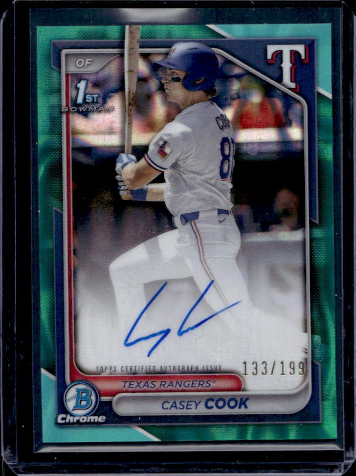 2024 Bowman Draft Casey Cook Chrome Auto Aqua Lava Refractor 1st #/199 Rangers