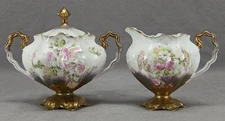 Antique RS Prussia Mold RSP 10 Pink & White Roses Tiffany Finish Creamer & Sugar