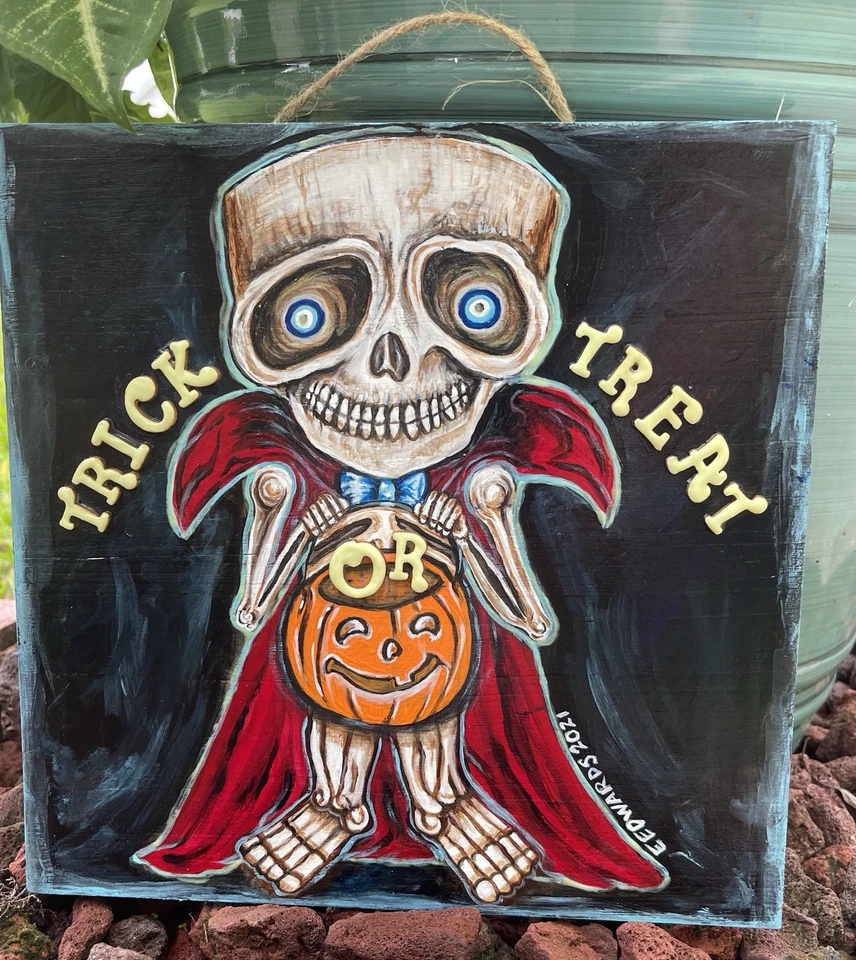 Letrero de madera original de Halloween pintura acrílica esqueleto truco o trato 10x10 Foto 3 de 4