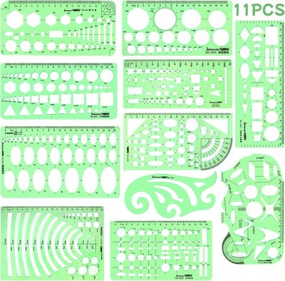 11PCS Geometric Drawing Templates Drafting Stencils Measuring Ruler Set for Desi