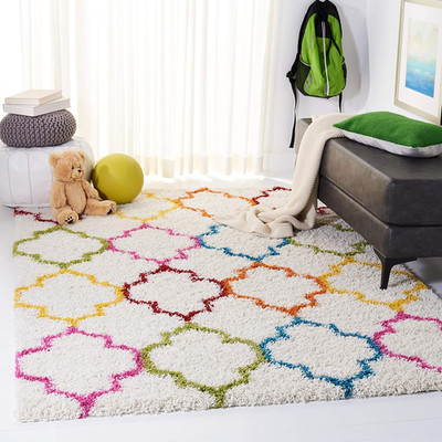 Kids Shag Area Rug 5'3'' x 7'6'' - Ivory Rainbow Trellis, Non-Shedding, Easy Care