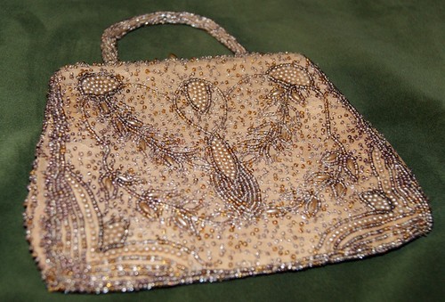 Vintage Embroidered Beaded Evening Bag - Fastener & Handle & Mirror