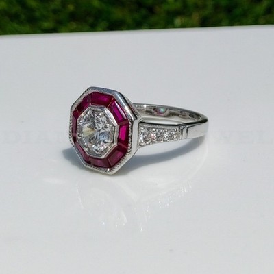 Retro Vintage Art Deco 1Ct Old European Diamond & Ruby Engagement Ring In 925 Ar