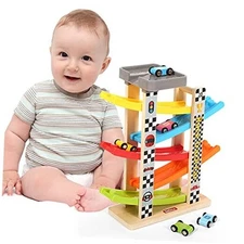  Montessori Toy for 1-3 Year Old Boys and Girls, Kid Wooden Race Track Car, 