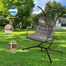 Garden Double Hanging Egg Chair with Stand Outdoor Rattan Foldable Swing Seat