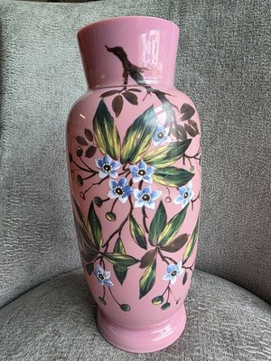 Antique Pink Britol Pink Opaline Satin Hand Painted Raised Flowers Glass Vase