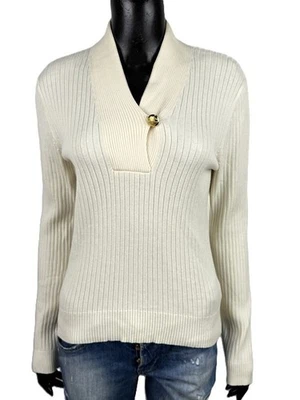Pull femme Lauren Ralph Lauren M Ivoire Coton Cou Déraillé Bouton - Photo 1/4