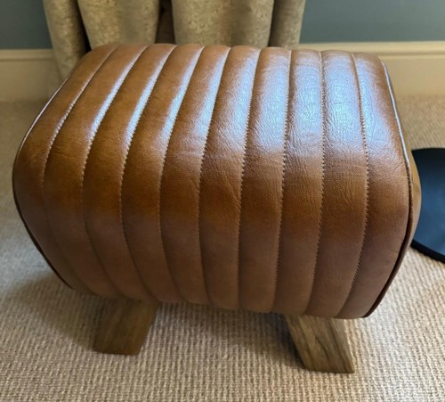 Brown Leather Stool / Footstool Wood Legs Pommel Horse Style Retro Vintage - Picture 4 of 8