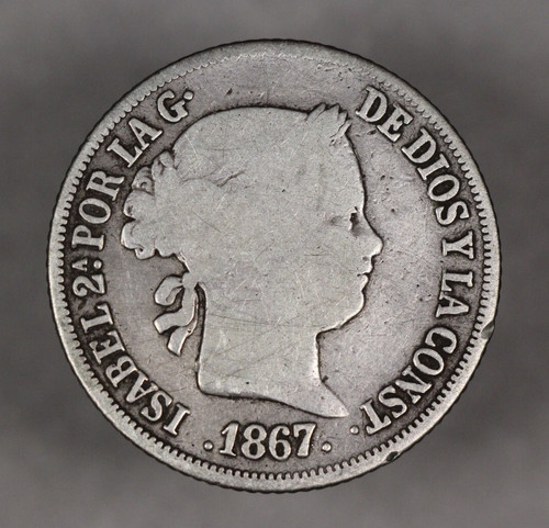 1867 Spanish Philippines Silver 10 Centimos