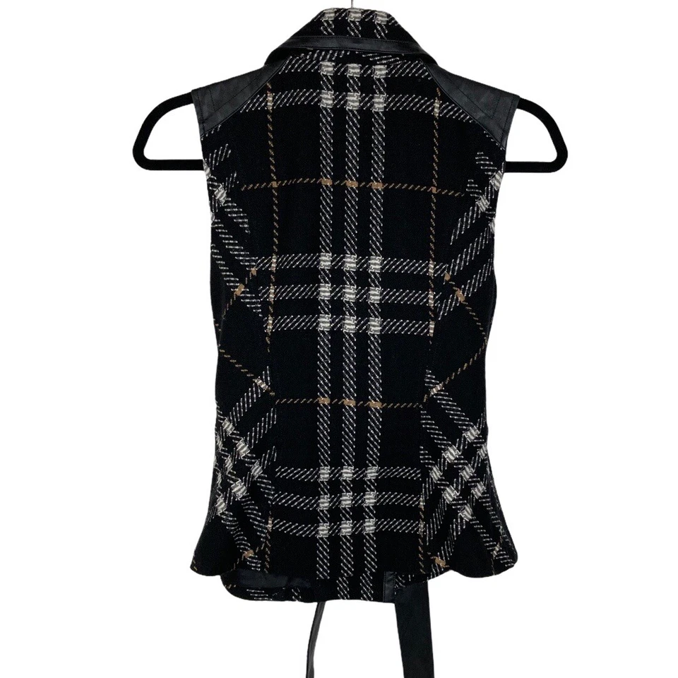 Chaleco Cabi Negro Mezcla de Lana a Cuadros con Borde de Cuero Sintético Talla XS Foto 3 de 4