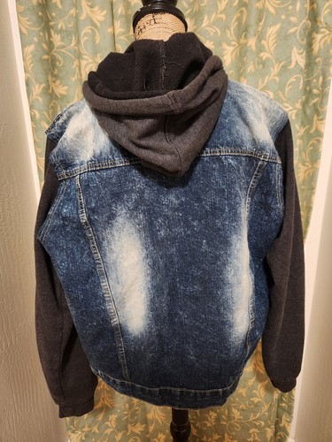 WT02 MENS BLUE DENIM JACKET WITH GRAY SLEEVES AND REMOVABLE HOOD M MEDIUM - Picture 4 of 7