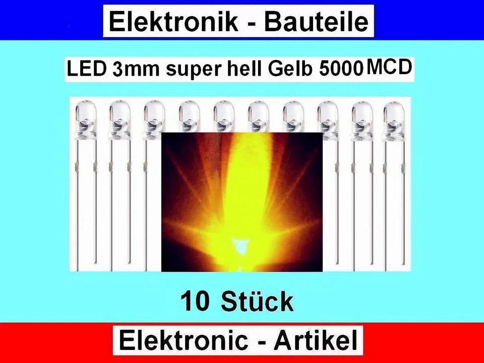 LED - 3mm Gelb 5000mcd Ultra Lampe Extreme Helle / 10 Stück Neu - Bild 2 von 4