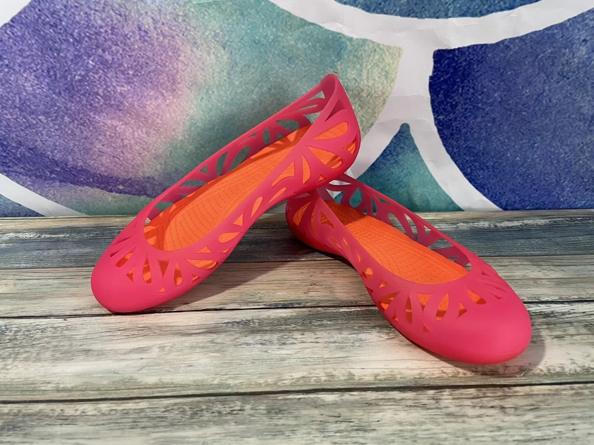 CROCS ADRINA III CUTOUT PATTERNED FLATS SZ 5 VIBRANT PINK COSMIC ORANGE BRIGHT