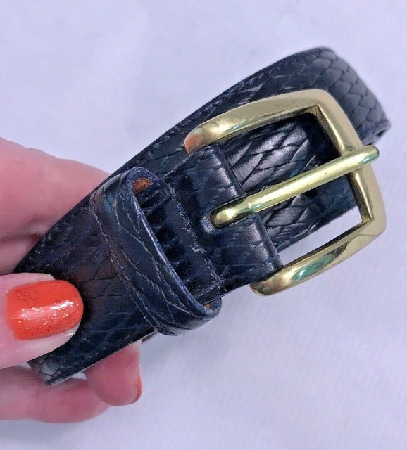 Lands End Men’s Black Leather Belt Solid Brass Buckle Made in USA Size