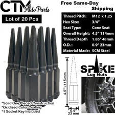 20Pc 4.5" TALL BLACK M12x1.25 SOLID SPIKE LUG NUT+KEY FIT SUBARU SUZUKI & MORE
